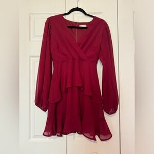 Altar’s State S Burgundy v neck long puff sleeve ruffled fall holiday mini dress
